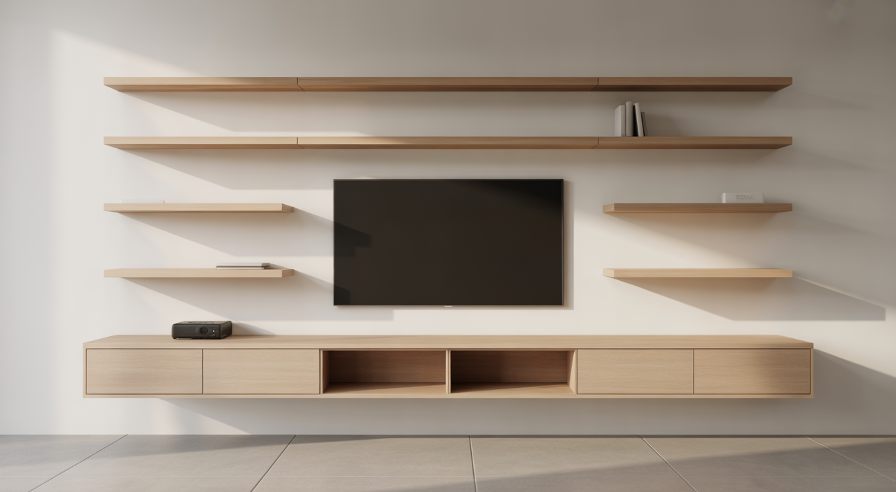 Modern media wall with integrated shelves and storage in a contemporary living room